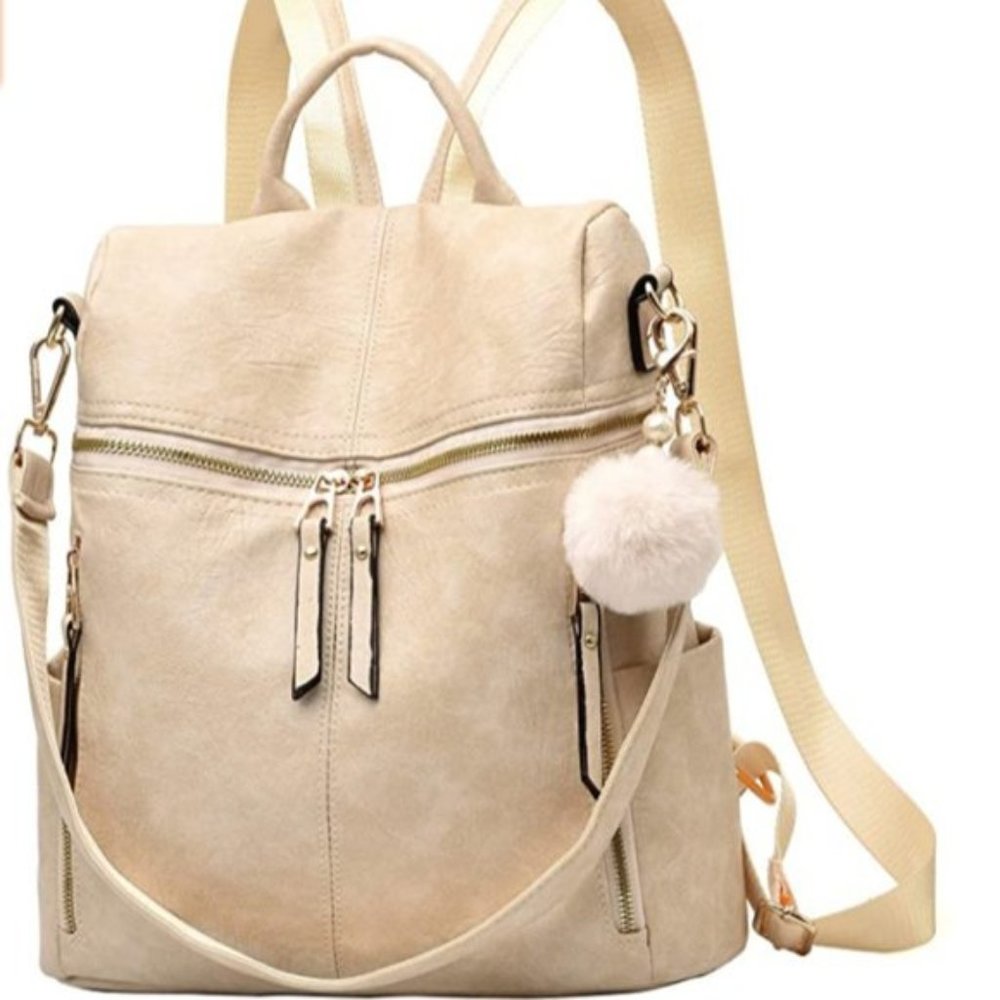 Beige Leather Large Capacity Multipurpose Travel Backpack Purse for Women